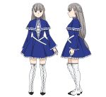  1girl blue_capelet blue_dress blue_eyes blunt_bangs boots braid capelet cross-laced_footwear dress expressionless frilled_cape frilled_dress frills from_side full_body grey_hair lace-up_boots lawine_(sousou_no_frieren) long_hair official_art profile reference_sheet sousou_no_frieren straight-on thigh_boots transparent_background white_footwear 