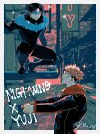  2boys batman_(series) black_hair blue_mask bodysuit border character_name city crossover dc_comics eye_mask full_body highres itadori_yuuji jujutsu_kaisen jujutsu_tech_uniform k_ma_cy latex latex_bodysuit light_smile long_sleeves male_focus multiple_boys nightwing open_mouth outdoors pink_hair short_hair sparkle twitter_username undercut upper_body white_border 