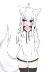  1girl absurdres ahoge animal_ear_fluff animal_ears arms_behind_back black_shorts black_thighhighs blue_eyes blush commentary_request drawstring fang fox_ears fox_girl fox_tail hair_between_eyes highres hood hood_down hoodie kuronagi_(mitora_uwu) long_hair open_mouth original short_shorts shorts simple_background skindentation solo standing tail thigh-highs v-shaped_eyebrows very_long_hair white_background white_hair white_hoodie 