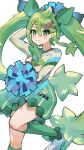  1girl asatte_3z breasts cheerleader closed_mouth grass_miku_(project_voltage) green_eyes green_hair green_skirt green_socks hair_between_eyes hair_ornament hatsune_miku highres holding holding_pom_poms kneehighs leg_up long_hair medium_breasts musical_note musical_note_hair_ornament pokemon pom_pom_(cheerleading) project_voltage shoes simple_background skirt smile socks solo split_mouth striped_clothes striped_skirt twintails vertical-striped_clothes vertical-striped_skirt very_long_hair vocaloid white_background white_footwear x_hair_ornament 