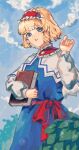  1girl alice_margatroid blonde_hair blue_dress blue_eyes blurry book bright_pupils clouds day depth_of_field dress frilled_hairband frills grimoire hairband hand_up hexagram highres holding holding_book jewelry leaf looking_at_viewer oftooon outdoors parted_lips puppet_rings ring short_hair sky solo standing touhou white_pupils 