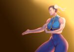  1girl absurdres blue_pants breasts brown_eyes brown_hair china_dress chinese_clothes chun-li commentary_request covered_navel dress fighting_stance gatenxd gradient_background hair_bun hair_ribbon highres mature_female muscular muscular_female outstretched_arm pants profile ribbon self-upload simple_background solo spanish_commentary standing street_fighter street_fighter_zero_(series) 