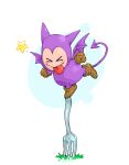  &gt;_&lt; blush boots brown_footwear brown_gloves closed_eyes closed_mouth commentary_request demon_tail demon_wings dragon_quest fork full_body giant_fork gloves kosuga_kumi minidemon monster no_humans planted_fork standing standing_on_one_leg star_(symbol) tail tongue tongue_out wings 