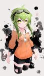  1girl absurdres cropped_legs goggles goggles_on_head green_eyes green_hair gumi highres jacket jinsei_reset_button_(vocaloid) kogaara long_hair looking_at_viewer shorts solo thigh-highs torn_clothes torn_thighhighs vocaloid zipper_pull_tab 