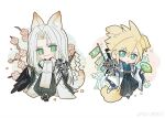  2boys :3 animal_ears black_hakama black_pants blue_kimono branch bright_pupils buster_sword cherry_blossoms chibi chinese_clothes chinese_commentary cloud_strife commentary_request dapanggezilan dog_boy dog_ears dog_tail expressionless final_fantasy final_fantasy_vii fox_boy fox_ears fox_tail full_body geta gohei green_eyes grey_hair hakama hand_fan highres holding holding_fan holding_gohei holding_sword holding_weapon japanese_clothes katana kimono knee_up koinobori long_bangs long_hair looking_at_another male_focus masamune_(ff7) multiple_boys orange_outline pants parted_bangs puffy_pants robe sephiroth slit_pupils smile standing sword sword_on_back tabi tail walking waves weapon weapon_on_back white_haori white_robe wide_sleeves windsock 
