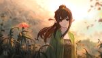  1girl blurry brown_eyes brown_hair chinese_clothes closed_mouth duijin_ruqun elf facial_mark flower forehead_mark hair_ribbon hanfu highres hua_ming_wink long_hair long_sleeves looking_at_viewer nature original outdoors plant pointy_ears ponytail red_flower red_ribbon ribbon smile solo standing sunlight 