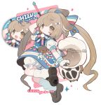  1girl :3 animal_ears animal_hands bell bloomers blue_bow blue_dress bone_hair_ornament bow brown_eyes brown_footwear brown_hair chizunyanko closed_mouth dog_ears dog_girl dog_tail dress fang full_body gloves hair_bow hair_ornament highres long_hair looking_at_viewer multiple_views open_mouth original paw_gloves puffy_short_sleeves puffy_sleeves shoes short_sleeves smile socks solo tail twintails underwear very_long_hair white_background white_bloomers white_gloves white_socks 