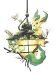  animal_focus branch brown_eyes cutiefly fern hanging_light highres lamp leaf leafeon looking_at_another moss no_humans open_mouth pawpads pokemon pokemon_(creature) red_eyes simple_background sprigatito volpecorvo white_background 