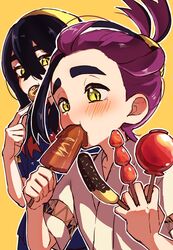  1boy 1girl black_hair blush border brother_and_sister candy_apple carmine_(pokemon) chocolate_banana crossed_bangs eating enudesuga food hairband highres holding holding_food ikayaki japanese_clothes kieran_(pokemon) long_hair orange_background pokemon pokemon_sv purple_hair redhead short_sleeves siblings simple_background takoyaki tanghulu white_border yellow_eyes yellow_hairband 