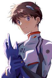  1boy arm_up blue_eyes blush brown_hair closed_mouth commentary from_side hand_on_own_wrist highres ikari_shinji interface_headset looking_at_viewer male_focus neon_genesis_evangelion plugsuit short_hair simple_background smile solo tousok upper_body white_background 