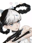  1girl animal_ears bambinata_(punishing:_gray_raven) black_hair blue_eyes braided_hair_rings cat_ears choker claw_(weapon) d.k fake_animal_ears freckles frilled_choker frills hair_ornament heart heart_hair_ornament mechanical_arms multicolored_hair punishing:_gray_raven solo two-tone_hair weapon white_background white_choker white_hair 