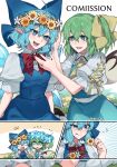  2girls ascot blue_bow blue_dress blue_eyes blue_flower blue_hair bow bowtie cirno commission daiyousei dress english_text engrish_text fairy_wings flower green_eyes green_hair hair_bow hair_ribbon head_wreath highres himadera ice ice_wings long_hair multiple_girls open_mouth pinafore_dress pointy_ears ranguage red_bow red_bowtie ribbon shirt short_hair short_sleeves side_ponytail skeb_commission sleeveless sleeveless_dress smile touhou wings yellow_ascot yellow_bow yellow_flower 