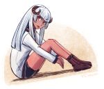  1girl bare_legs boots brown_footwear chiyu_mahou_no_machigatta_tsukaikata dark-skinned_female dark_skin felm_(chiyu_mahou) grey_hair knees_up long_hair long_sleeves looking_at_viewer red_eyes signature sitting solo tongue tongue_out vacuous_canyon 