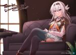  1girl absurdres aruvian13 black_hairband black_jacket breasts collared_shirt commission couch cropped_jacket crossed_legs firefly_(honkai:_star_rail) floating_hair grey_hair hair_between_eyes hair_ornament hairband highres honkai:_star_rail honkai_(series) indoors jacket long_hair long_sleeves looking_at_viewer medium_breasts neckerchief on_couch orange_neckerchief ribbon shirt sitting skirt smile thigh-highs 