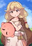  1girl absurdres anti-kirby blonde_hair blush braid brown_eyes brown_hair cameo cape close-up commission dress faye_(fire_emblem) fire_emblem fire_emblem_echoes:_shadows_of_valentia highres holding jewelry kirby_(series) kutabireta_neko long_hair low-braided_long_hair low-tied_long_hair open_mouth sky solid_oval_eyes sparkle surprised the_legend_of_zelda the_legend_of_zelda:_link&#039;s_awakening twin_braids 