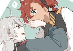  !? 2girls ahoge asticassia_school_uniform blue_eyes grey_hair gundam gundam_suisei_no_majo hand_on_another&#039;s_mouth highres long_sleeves looking_at_another miorine_rembran multiple_girls open_mouth redhead school_uniform spoken_interrobang suletta_mercury surprised uuron_(nkktmrrr) yuri 