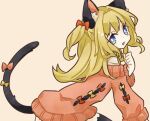  1girl :3 animal_ears blonde_hair blue_eyes bow cat_ears cat_girl cat_tail from_side hair_bow hair_intakes long_hair long_sleeves looking_at_viewer lupin_strawberry off-shoulder_sweater off_shoulder one_side_up open_mouth seeu smile solo sweater tail tail_bow tail_ornament vocaloid 