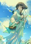  1girl bag black_hair blue_sky chinese_clothes closed_mouth clouds day dress duijin_ruqun flower green_eyes green_ribbon hair_bun hanfu highres holding holding_flower lanxi_zhen li_qingning_(the_legend_of_luoxiaohei) long_sleeves outdoors petals ribbon sidelocks sky solo standing wanshan white_flower wide_sleeves 