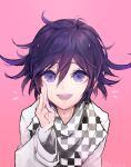  1boy arm_belt belt black_scarf checkered_clothes checkered_scarf commentary_request danganronpa_(series) danganronpa_v3:_killing_harmony dated eyelashes hair_between_eyes hand_on_own_cheek hand_on_own_face jacket layered_sleeves long_sleeves multicolored_clothes multicolored_jacket notice_lines oma_kokichi open_mouth palms pink_background purple_hair scarf short_hair signature simple_background sleeves_past_wrists smile solo straight-on teeth torn_clothes torn_scarf two-tone_jacket u_u_ki_u_u upper_body upper_teeth_only violet_eyes white_belt white_jacket white_scarf 