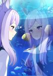  1girl animal animal_ears aquarium blue_bow blush bow bright_pupils buttons caustics closed_mouth commentary_request ear_bow fish glass horse_ears horse_girl light_rays long_hair looking_at_animal mejiro_mcqueen_(umamusume) profile purple_hair reflection sidelocks smile solo sunny_(20597521) umamusume upper_body violet_eyes water white_pupils 