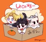  3boys animal_ears black_eyes black_hair blonde_hair blue_eyes box cardboard_box cat_boy cat_ears cat_tail chibi commentary_request diamond_wa_kudakenai grey_hair in_box in_container jojo_no_kimyou_na_bouken kawajiri_kosaku kemonomimi_mode kira_yoshikage male_focus multiple_boys multiple_persona partially_translated sempon_(doppio_note) tail translation_request twitter_username 