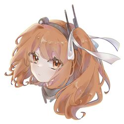  1girl a.i._voice adachi_rei closed_mouth hair_ribbon hamano_yui headlamp highres looking_at_viewer medium_hair orange_eyes orange_hair portrait radio_antenna ribbon simple_background solo utau white_background white_ribbon 