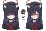  1girl :o :| absurdres animal_ears arms_at_sides arrow_(symbol) beret black_choker black_hair black_hat black_sailor_collar black_shirt blue_archive blue_hair blush cat_ears cat_girl chibi chibi_inset choker closed_mouth colored_inner_hair covered_eyes cropped_torso dalgam12 expressionless eyes_visible_through_hair facing_viewer flying_sweatdrops hair_over_one_eye halo hat highres justice_task_force_member_(blue_archive) kemonomimi_mode long_hair looking_at_viewer multicolored_hair multiple_views neckerchief nose_blush open_mouth paw_print red_eyes red_neckerchief sailor_collar school_uniform shirt simple_background straight-on straight_hair white_background 