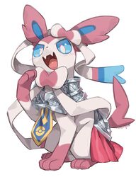  all_fours armor body_fur fang makoto_ikemu no_humans open_mouth pink_fur pokemon pokemon_(creature) simple_background skin_fang smug solo sylveon tongue white_background 
