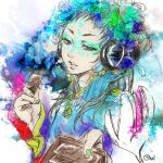  1other androgynous blue_eyes blue_hair cotori_(globule) facepaint facial_mark feathers forehead_mark gnosia green_eyes green_hair headphones long_hair long_sleeves looking_at_viewer makeup multicolored_hair other_focus raqio simple_background solo streaked_hair tattoo upper_body 