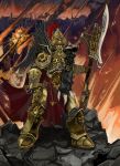  absurdres adeptus_custodes armor cloak commission constantin_valdor feathers gauntlets halberd highres holding holding_polearm holding_weapon kkghost_tv polearm power_armor red_cloak sky solo warhammer_40k weapon 
