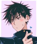  1boy bad_id bad_twitter_id black_hair black_jacket blush buttons close-up closed_mouth commentary fushiguro_megumi hair_between_eyes heart heart_hands high_collar jacket jujutsu_kaisen looking_to_the_side male_focus nackseojang short_hair simple_background solo spiky_hair sweatdrop symbol-only_commentary upper_body 