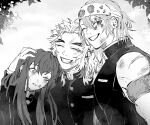  3boys black_hair breast_pocket bruise demon_slayer_uniform earrings forehead_protector fujigo_(fujimi2019xxk) greyscale grin holding hug injury japanese_clothes jewelry kimetsu_no_yaiba long_hair long_sleeves male_focus monochrome multicolored_hair multiple_boys one_eye_closed pocket rengoku_kyoujurou sleeveless smile streaked_hair tokitou_muichirou uzui_tengen 