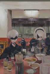  1boy 1girl 2b_(nier:automata) 9s_(nier:automata) black_blindfold black_collar black_hairband blindfold bowl chopsticks closed_mouth collar commentary_request cup eating food glass hairband highres holding holding_chopsticks indoors myk88488062 napkin napkin_holder nier:automata nier_(series) noodles open_mouth plate plate_stack ramen salt_shaker short_hair smile soy_sauce soy_sauce_bottle white_hair 