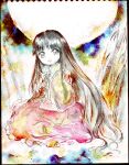  1girl bamboo bow bowtie closed_mouth frilled_skirt frills full_moon houraisan_kaguya long_hair long_skirt long_sleeves medinki moon official_style painting_(medium) shirt sitting skirt sleeves_past_wrists smile solo touhou traditional_media very_long_hair watercolor_(medium) wide_sleeves zun_(style) 
