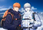  2boys asure_(asure_twi) backpack bag black_gloves black_sclera bleach blue_sky brown_eyes buckle clouds colored_sclera colored_skin gloves highres hiking_pole holding holding_pole hollow_ichigo hood hood_down hooded_coat kurosaki_ichigo looking_at_viewer male_focus mountain_climbing mountainous_horizon multiple_boys orange_hair parka pole sky smile snap-fit_buckle spiky_hair upper_body v white_gloves white_hair white_skin winter_clothes yellow_eyes 