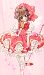  1girl blush brown_hair card cardcaptor_sakura clow_card dress frilled_dress frills gloves green_eyes highres holding holding_card holding_wand kinomoto_sakura looking_at_viewer magical_girl petals pink_dress pink_hat pnpp_tako short_sleeves smile solo wand white_gloves 