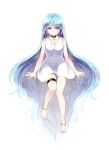  1girl absurdly_long_hair air_bubble anklet arms_at_sides barefoot black_choker blue_eyes blue_hair bubble choker closed_mouth dress earrings highres jewelry jitome kitou_akari_(kitoakari_1016) knees_together_feet_apart long_hair looking_at_viewer multicolored_hair original outstretched_hand ripples simple_background sleeveless sleeveless_dress solo straight-on thigh_strap very_long_hair white_background 