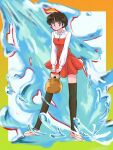  1girl black_eyes black_hair black_thighhighs blunt_bangs border commentary dress film_grain gradient_border green_border highres holding_kettle kettle kmr_doodle loafers long_sleeves looking_at_viewer orange_border own_hands_together ranma_1/2 red_dress shirt shoes short_dress short_hair solo splashing tendou_akane thigh-highs v_arms water white_footwear white_shirt yellow_border zettai_ryouiki 