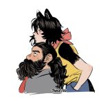  1boy 1girl bapogichi beard black_fur body_fur cat_girl cropped_torso dungeon_meshi dwarf facial_hair from_side half-closed_eyes hand_in_pocket head_on_head head_rest highres izutsumi long_beard looking_at_another mismatched_animal_ear_colors mustache neck_warmer necktie official_alternate_costume profile senshi_(dungeon_meshi) thick_mustache unamused 