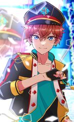  1boy amagi_hiiro aqua_shirt arm_at_side bishounen black_hat black_shirt blue_eyes blurry blurry_background bokeh collarbone cropped_jacket depth_of_field double-parted_bangs earrings ensemble_stars! falling_petals glowing hair_between_eyes hand_up hat highres jacket jewelry looking_at_viewer male_focus multicolored_shirt open_clothes open_jacket outdoors petals redhead reira_(reomimi0211) shirt short_hair single_earring sleeves_past_elbows solo stage sweat t-shirt upper_body white_petals zoom_layer 