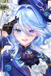  1girl ahoge ascot black_gloves blue_ascot blue_brooch blue_hair blue_hat blue_jacket blush chromatic_aberration flower furina_(genshin_impact) genshin_impact gloves hair_between_eyes hat heterochromia highres jacket light_blue_hair long_hair looking_at_viewer multicolored_hair open_mouth sidelocks smile solo streaked_hair teeth top_hat ttorong two-tone_hair upper_body upper_teeth_only water water_drop white_flower 