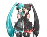 hatsune_miku holding_hands long_hair multiple_girls twintails vocaloid zatsune_miku