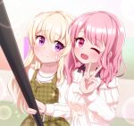  2girls ;d absurdres bang_dream! bare_shoulders blonde_hair blush closed_mouth commentary_request dress green_dress hair_between_eyes hand_up highres holding houndstooth long_hair long_sleeves maruyama_aya multiple_girls off-shoulder_sweater off_shoulder one_eye_closed pink_hair print_dress puffy_long_sleeves puffy_sleeves selfie selfie_stick shirasagi_chisato sleeveless sleeveless_dress smile sweat sweater turtleneck turtleneck_sweater v very_long_hair violet_eyes white_sweater yuya090602 