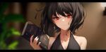  1girl bare_shoulders black_dress black_nails blurry blurry_background book breasts closed_mouth collarbone dress earrings hand_up highres holding holding_book jewelry looking_at_viewer nail_polish original red_eyes shimmer shiny_skin small_breasts solo 