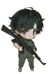  1boy assault_rifle black_eyes black_hair chibi closed_mouth commentary das_elend dot_mouth fear_&amp;_hunger fear_&amp;_hunger_2:_termina full_body green_jumpsuit gun holding holding_gun holding_weapon jumpsuit levi_(fear_&amp;_hunger) looking_at_viewer lowres rifle shoes short_hair solo standing weapon white_footwear 