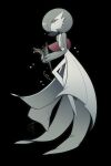  black_background bob_cut colored_skin dress flower from_side gardevoir green_hair highres holding holding_flower lotosu multicolored_skin parted_lips pink_eyes pokemon pokemon_(creature) simple_background tears two-tone_skin white_dress white_skin 