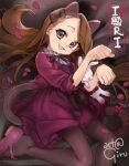  1girl :3 animal_ears black_pantyhose blush brown_hair cat_ears cat_tail commentary_request dress girutea highres idolmaster idolmaster_(classic) long_hair minase_iori open_mouth pantyhose paw_pose petals pink_eyes purple_dress smile solo stuffed_animal stuffed_rabbit stuffed_toy tail 