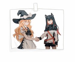  2girls aling539 animal_ears apron arknights black_capelet black_hair black_hat black_shorts black_skirt black_vest blonde_hair bow brown_bow brown_pantyhose capelet chinese_commentary closed_mouth colored_inner_hair commentary_request cowboy_shot frilled_apron frills hair_between_eyes handshake hat hat_bow highres holding_hands jacket kirisame_marisa long_hair long_sleeves multicolored_hair multiple_girls orange_hair pantyhose photo_(object) puffy_short_sleeves puffy_sleeves shirt short_sleeves shorts simple_background skirt smile split_mouth standing strap texas_(arknights) touhou turtleneck turtleneck_shirt vest waist_apron white_apron white_background white_bow white_jacket white_shirt witch_hat wolf_ears wolf_girl yellow_eyes 