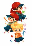  3boys baseball_cap black_hair blonde_hair blue_eyes branch chibi child crossover doseisan expressionless full_body happy hat hitofutarai in-franchise_crossover lucas_(mother_3) male_focus mother_(game) mother_1 mother_2 mother_3 multiple_boys music ness_(mother_2) ninten open_mouth red_socks shirt short_hair shorts smile socks striped_clothes striped_shirt 