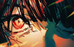  1girl black_hair blunt_bangs burning close-up eye_focus eye_reflection fire highres limbus_company project_moon red_eyes reflection ryoshu_(project_moon) short_hair solo xing_qian96589 